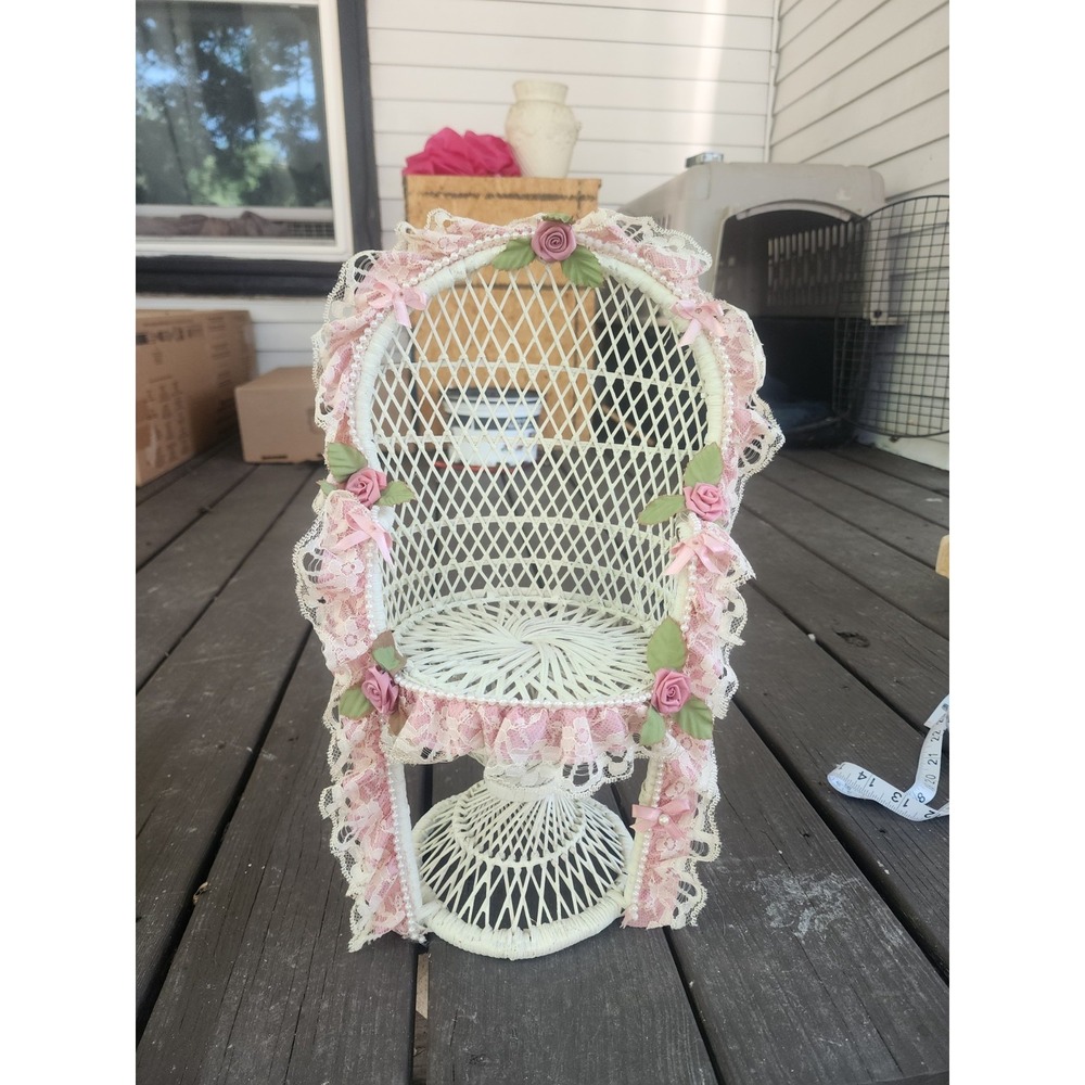 Vintage Wicker Peacock Chair, Lace & Roses Trim Miniature Plant Stand Doll Stand